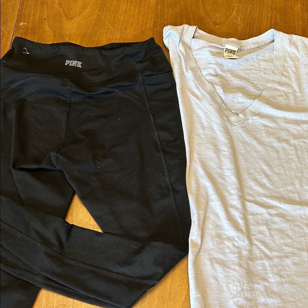 Victoria's Secret PINK Black Leggings and lavender VNeck Tee